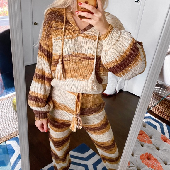 🍂 MOON RIVER BROWN TAN OMBRE KNIT TASSEL PANTS & HOODIE SET! - Picture 7 of 16